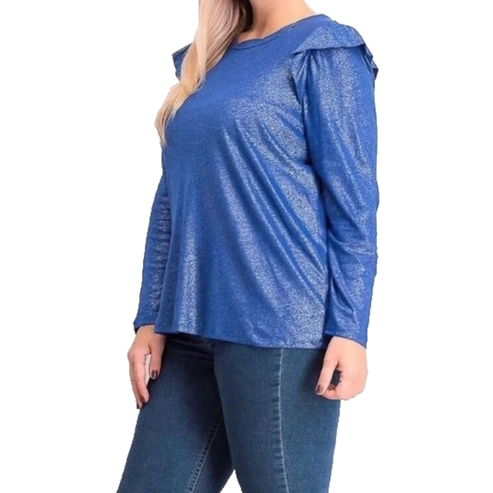 MICHAEL Michael Kors Women's Blue Twilight Foil Long Sleeve Ruffle Top Plus 2X